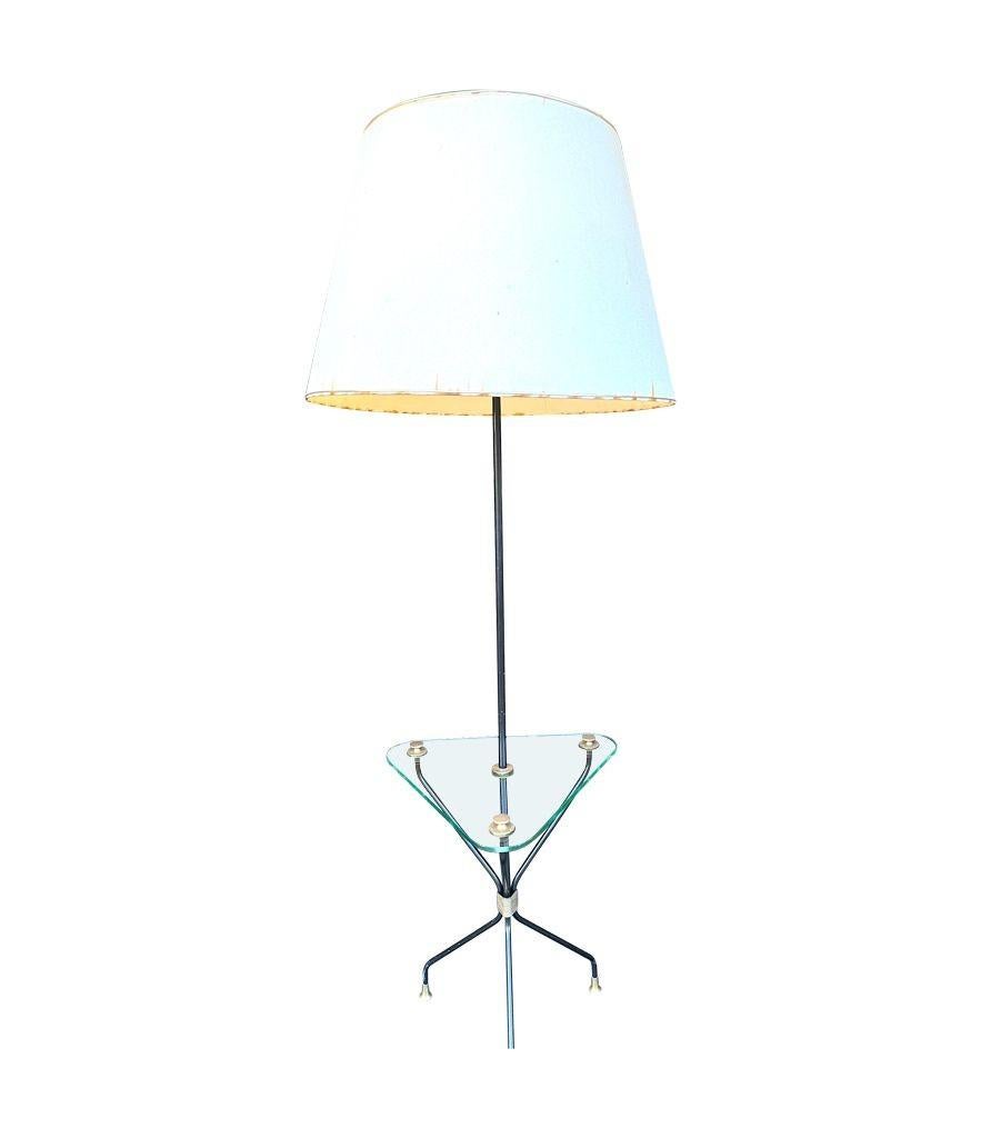 A 1950s French black lacquer and brass tripod floor lamp with glass table For Sale 8