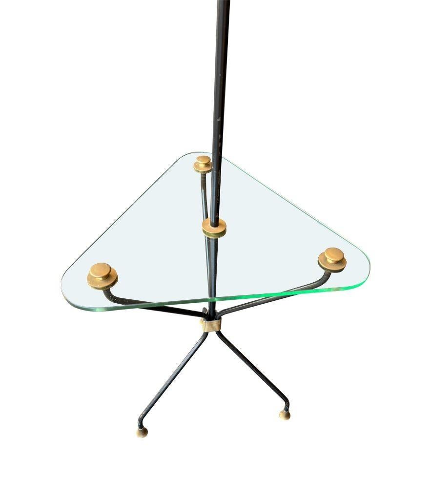 A 1950s French black lacquer and brass tripod floor lamp with glass table For Sale 10