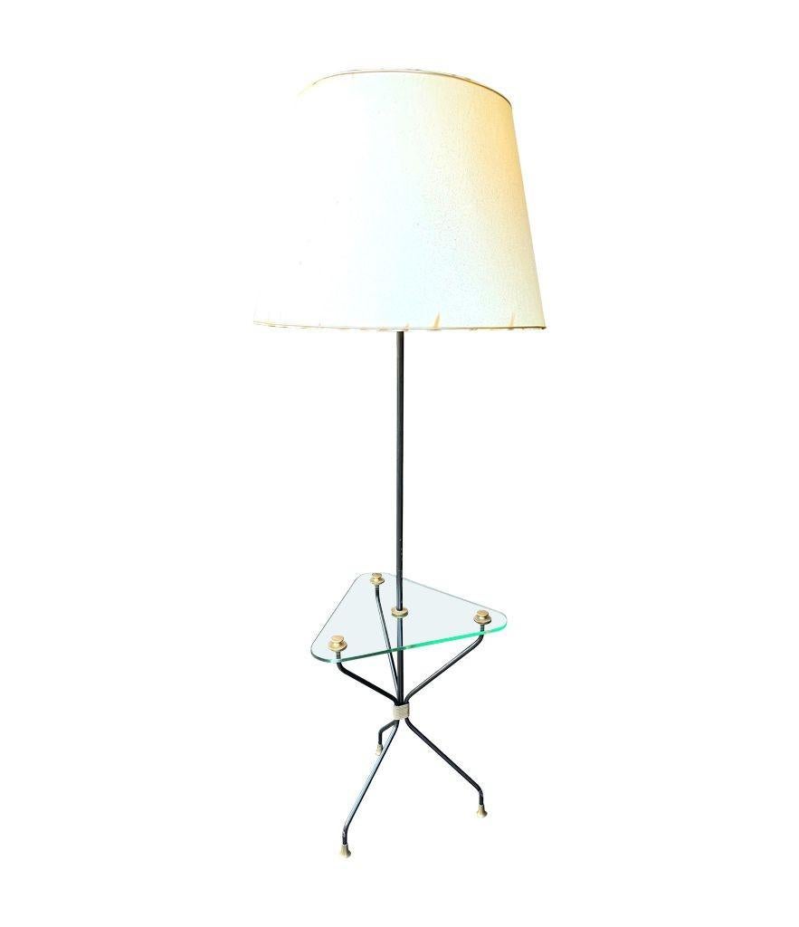 A 1950s French black lacquer and brass tripod floor lamp with glass table For Sale 12