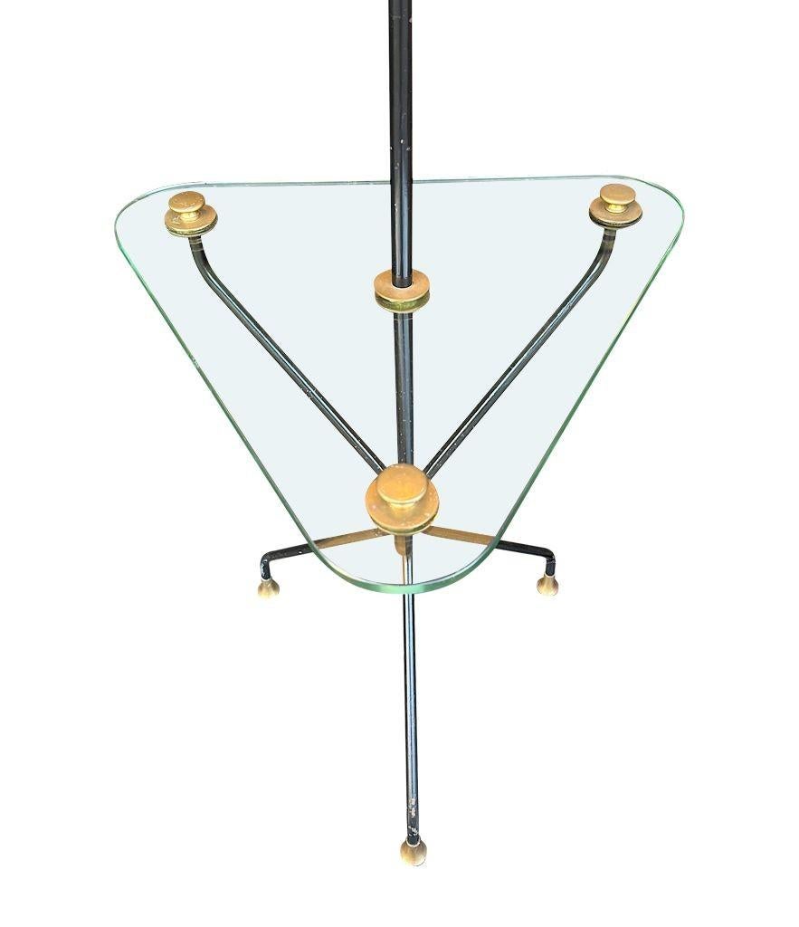 A 1950s French black lacquer and brass tripod floor lamp with glass table For Sale 13