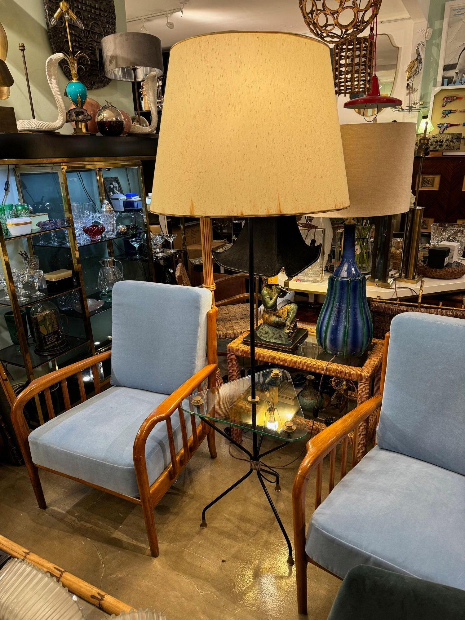 Mid-20th Century A 1950s French black lacquer and brass tripod floor lamp with glass table For Sale