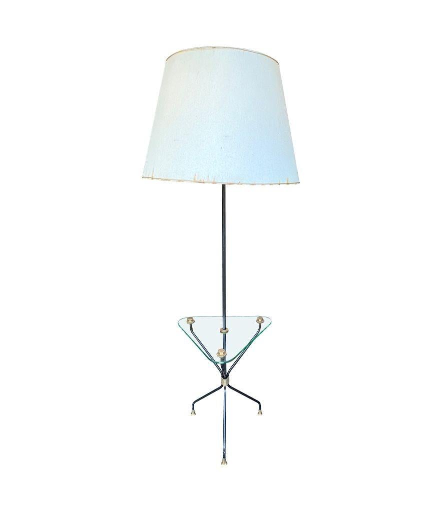 Metal A 1950s French black lacquer and brass tripod floor lamp with glass table For Sale
