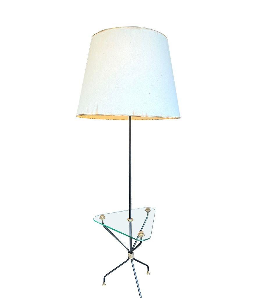 A 1950s French black lacquer and brass tripod floor lamp with glass table For Sale 3