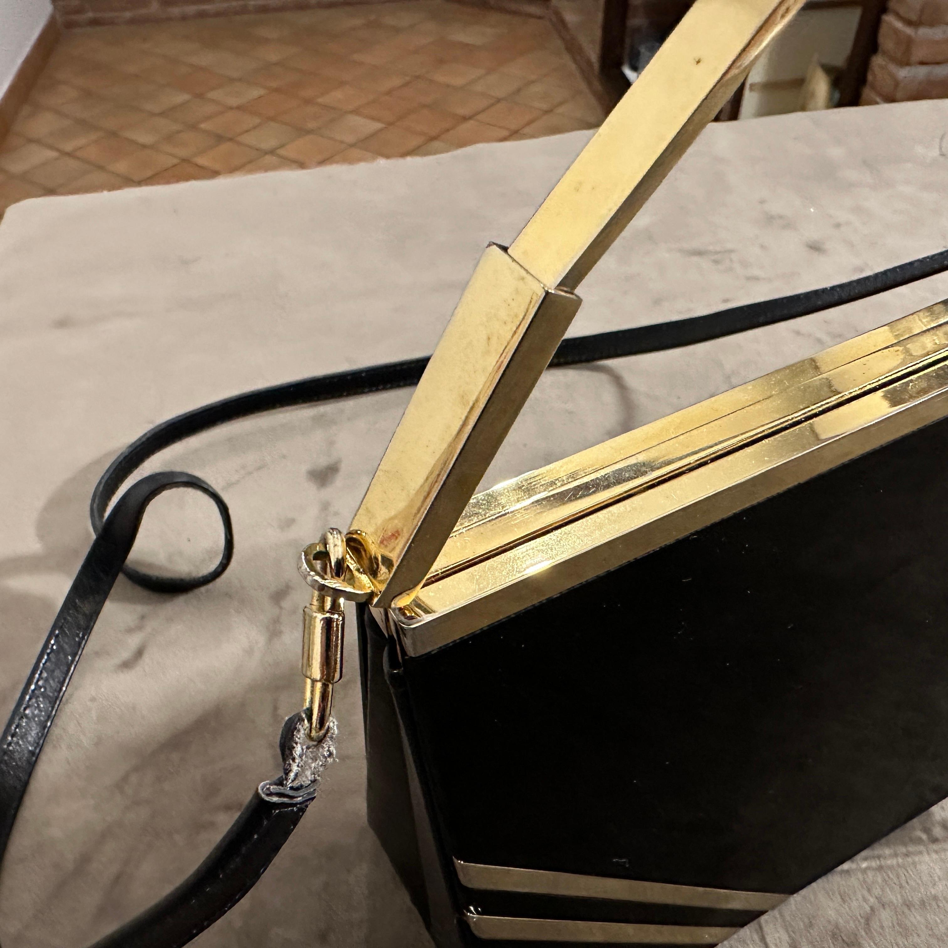 A 1950s High Quality Black Lucite and Brass Italian Evening Bag by Passanisi For Sale 8