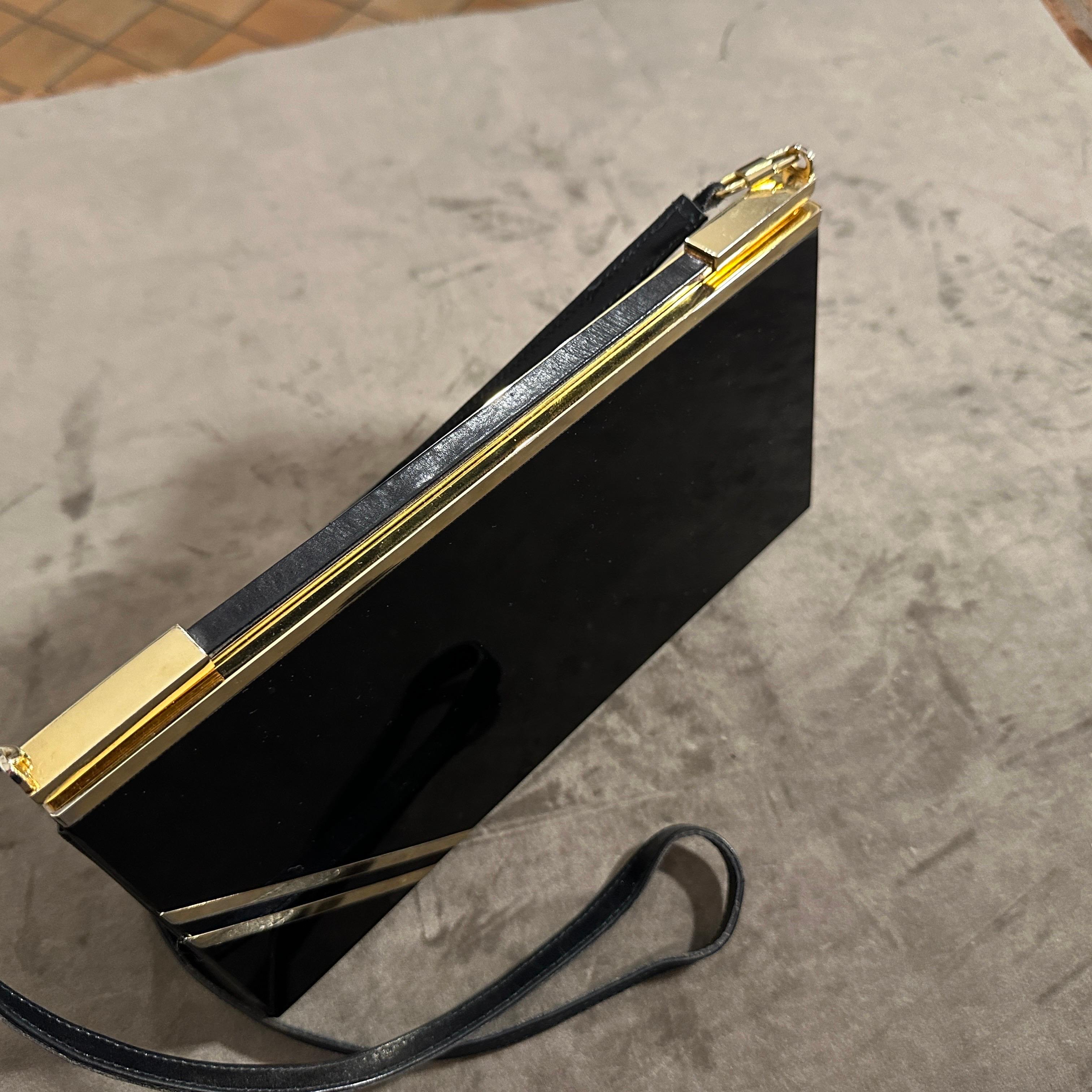A 1950s High Quality Black Lucite and Brass Italian Evening Bag by Passanisi For Sale 11