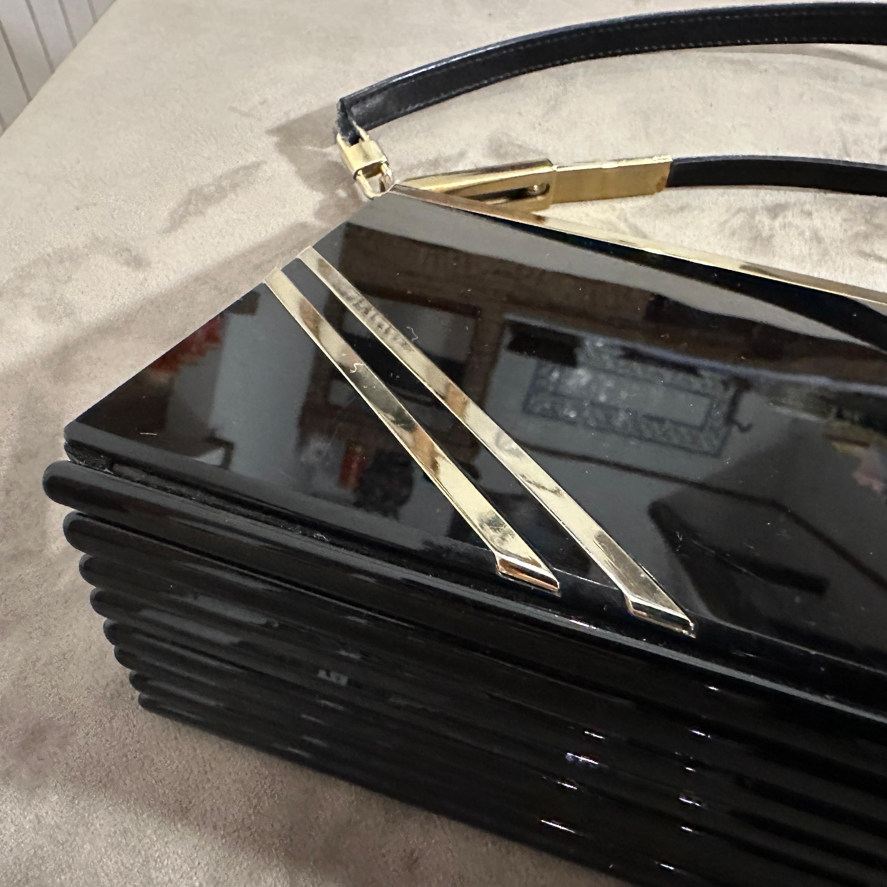 A 1950s High Quality Black Lucite and Brass Italian Evening Bag by Passanisi For Sale 2