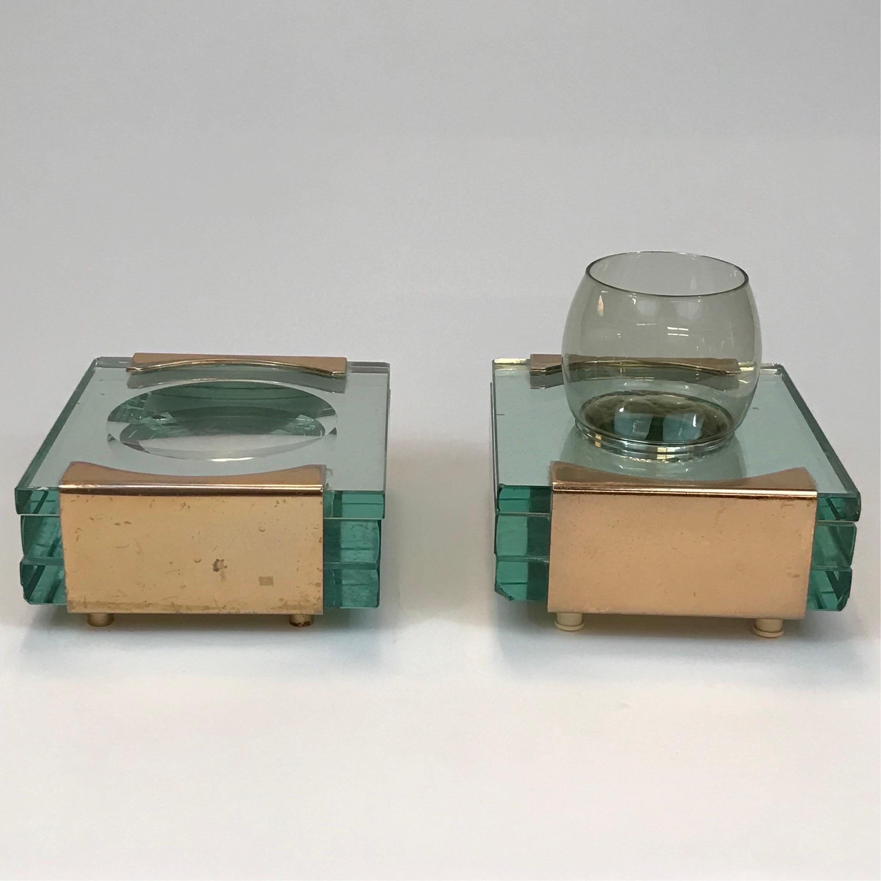 Metal 1950’s Italian Bathroom Set in Glass and Brass Attributed to Fontana Arte For Sale