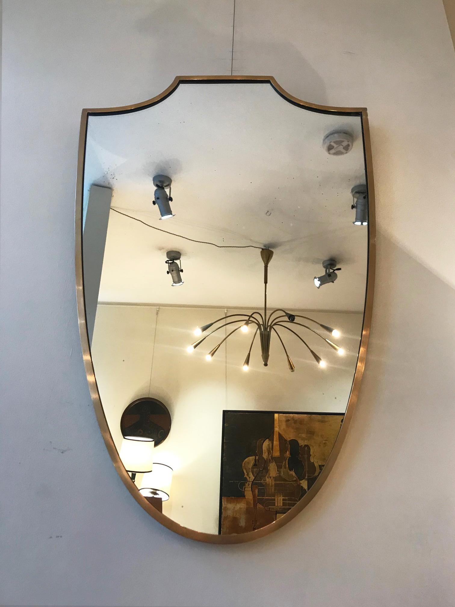 Mid-Century Modern 1950s Italian Brass Shield Shaped Mirror