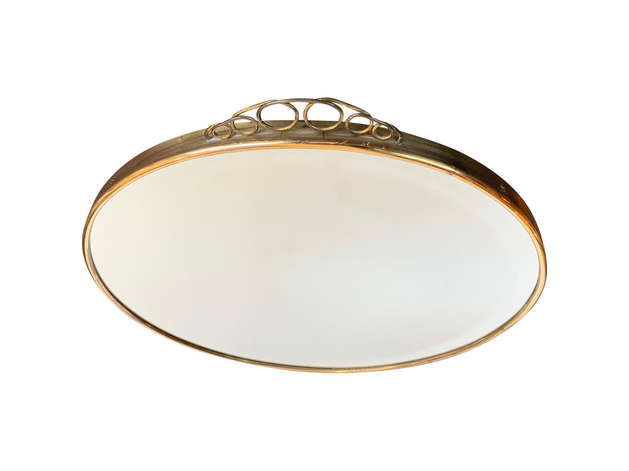 Mid-Century Modern 1950s Italian Circular Mirror with Bevelled Glass, Brass Frame and Top Detail