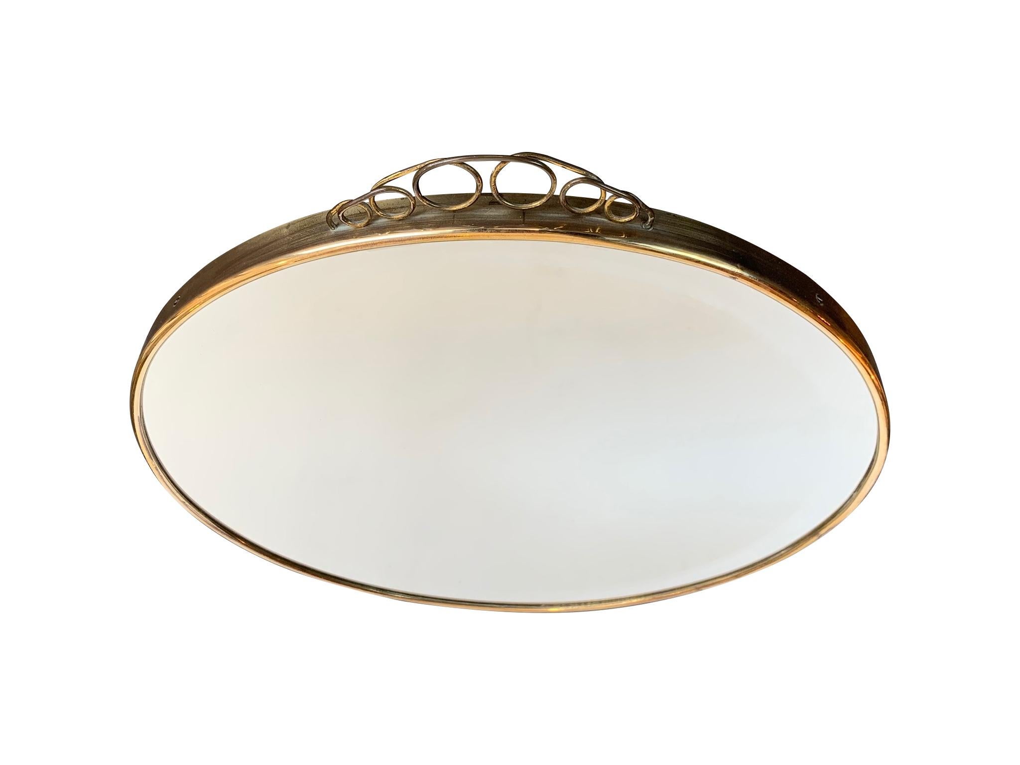 Beveled 1950s Italian Circular Mirror with Bevelled Glass, Brass Frame and Top Detail