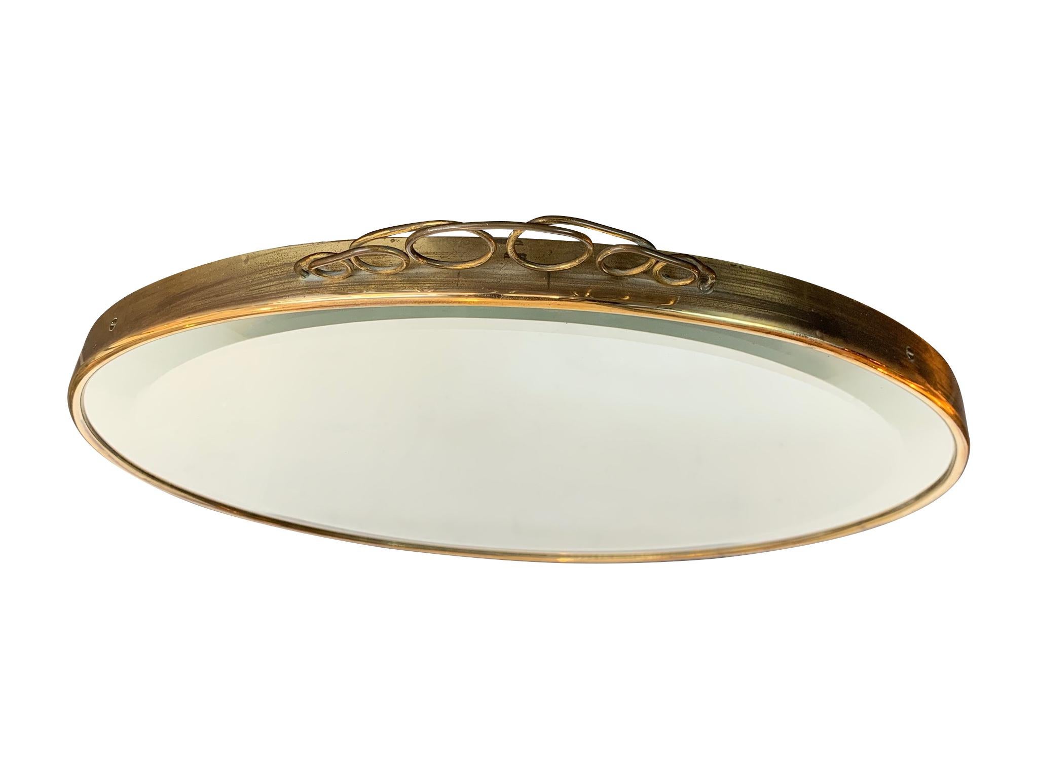 Mid-20th Century 1950s Italian Circular Mirror with Bevelled Glass, Brass Frame and Top Detail