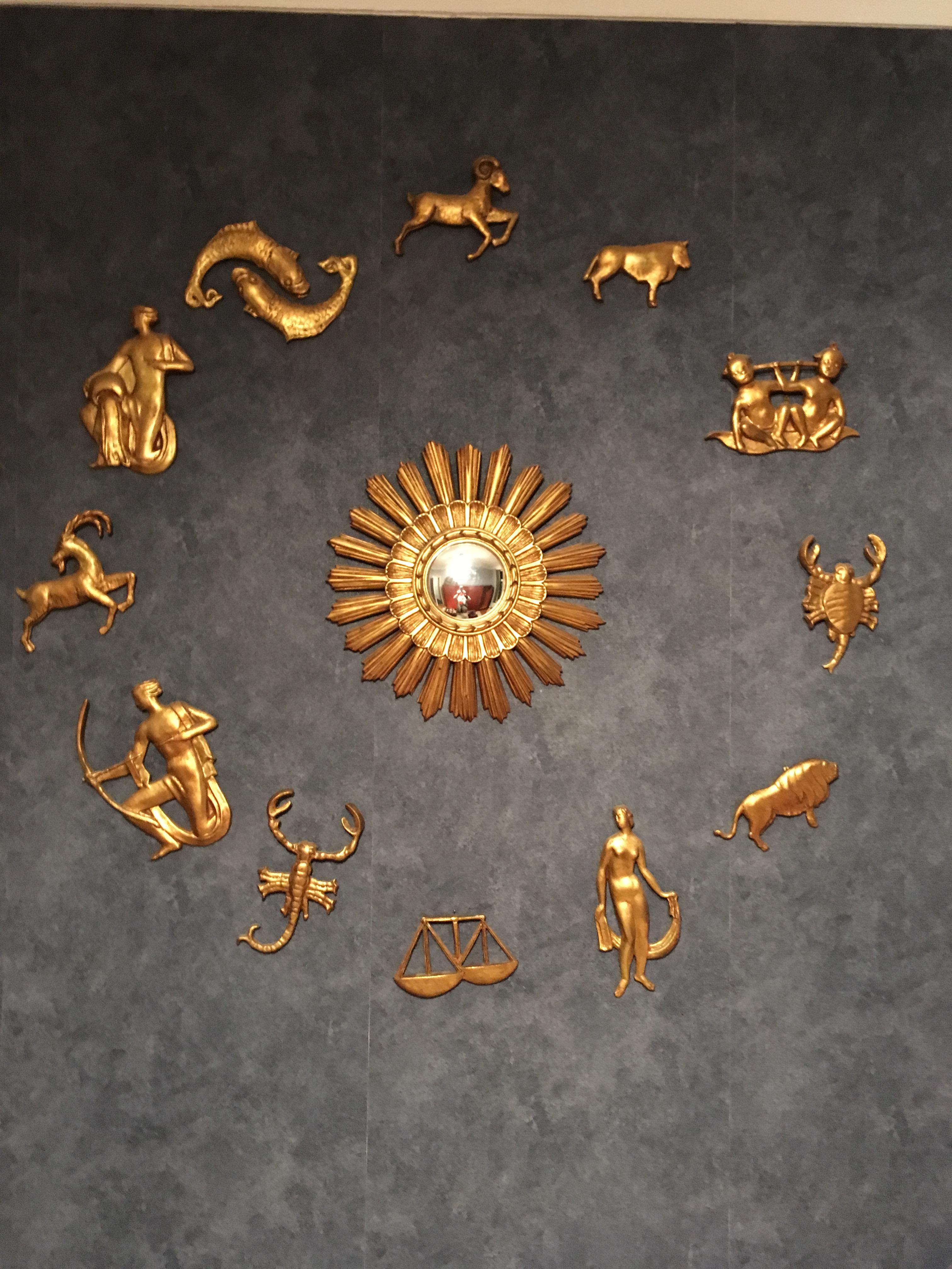 Mid-20th Century 1950s Italian Sunburst Mirror with Depicting the Gilt Zodiac Signs