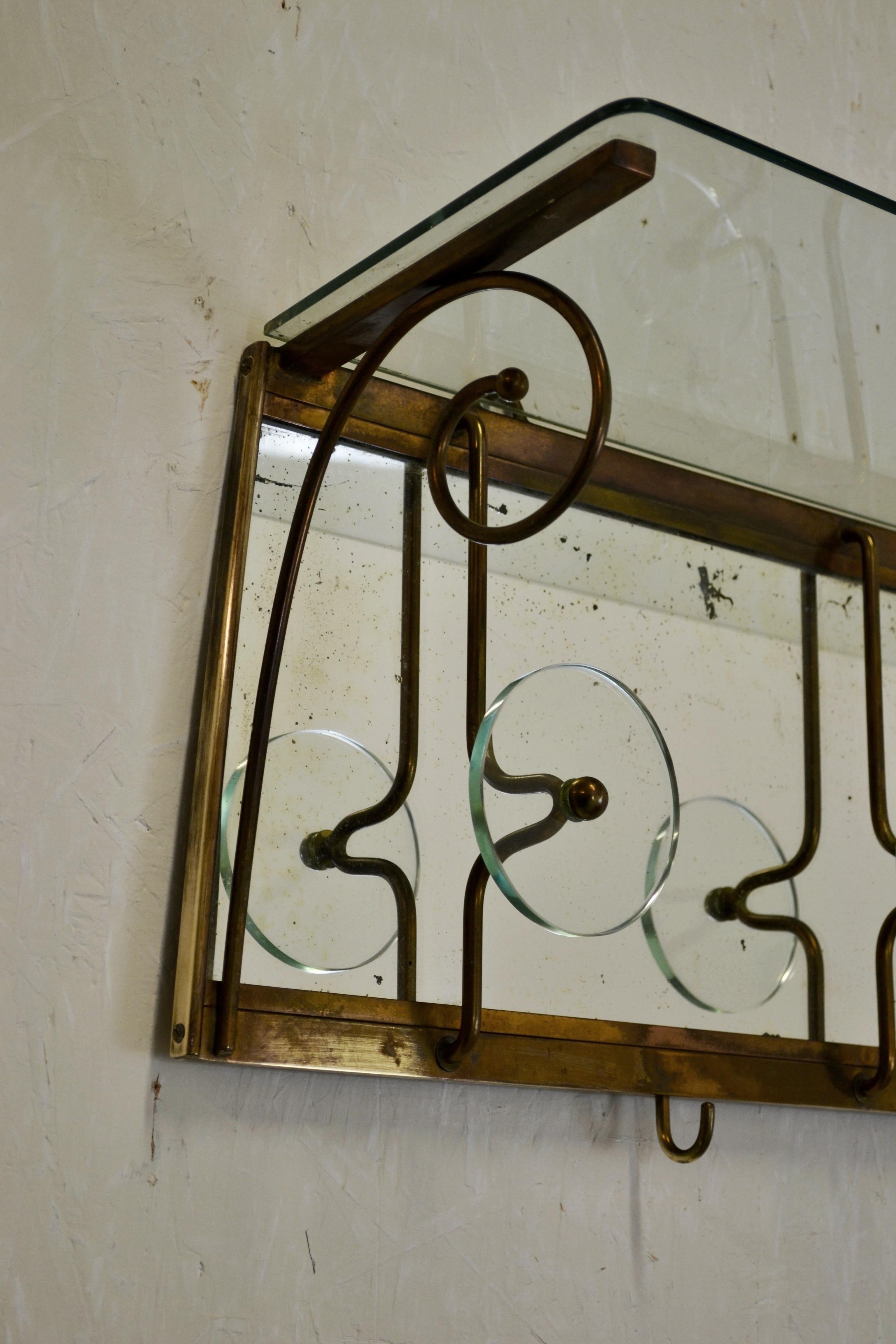 A 1950s Italian Wall-Mounted Coat Rack with Cut Glass Shelf For Sale 4