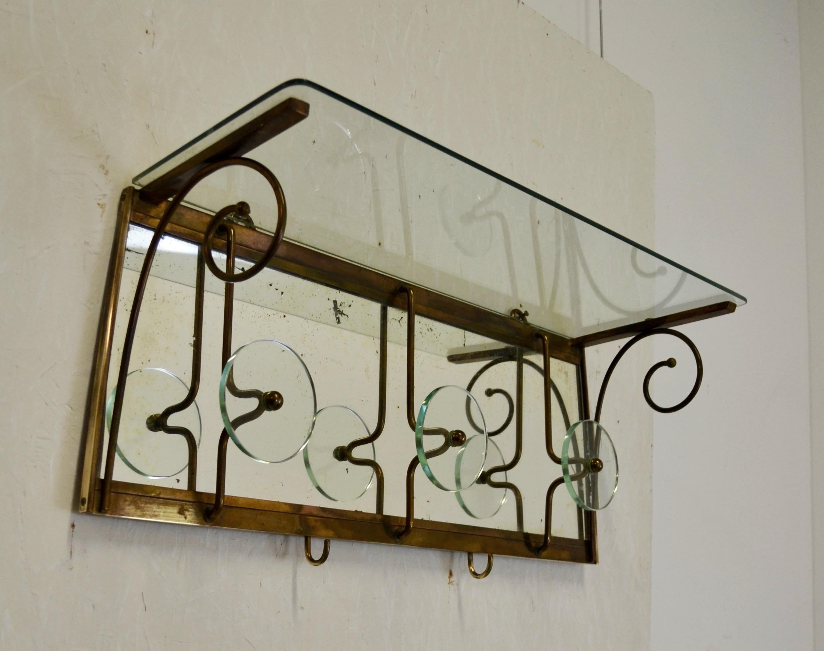 A 1950s Italian Wall-Mounted Coat Rack with Cut Glass Shelf For Sale 5