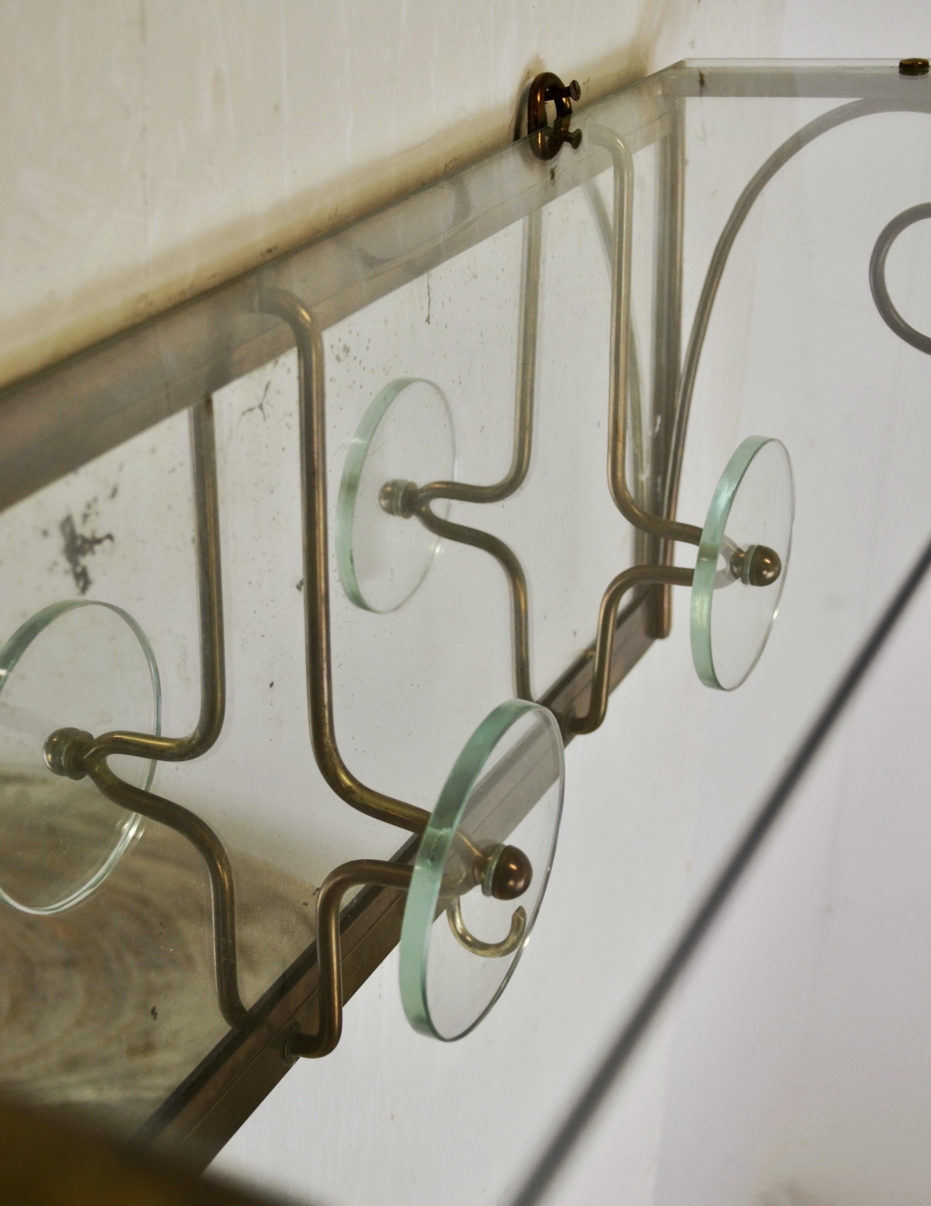 Mid-20th Century A 1950s Italian Wall-Mounted Coat Rack with Cut Glass Shelf For Sale
