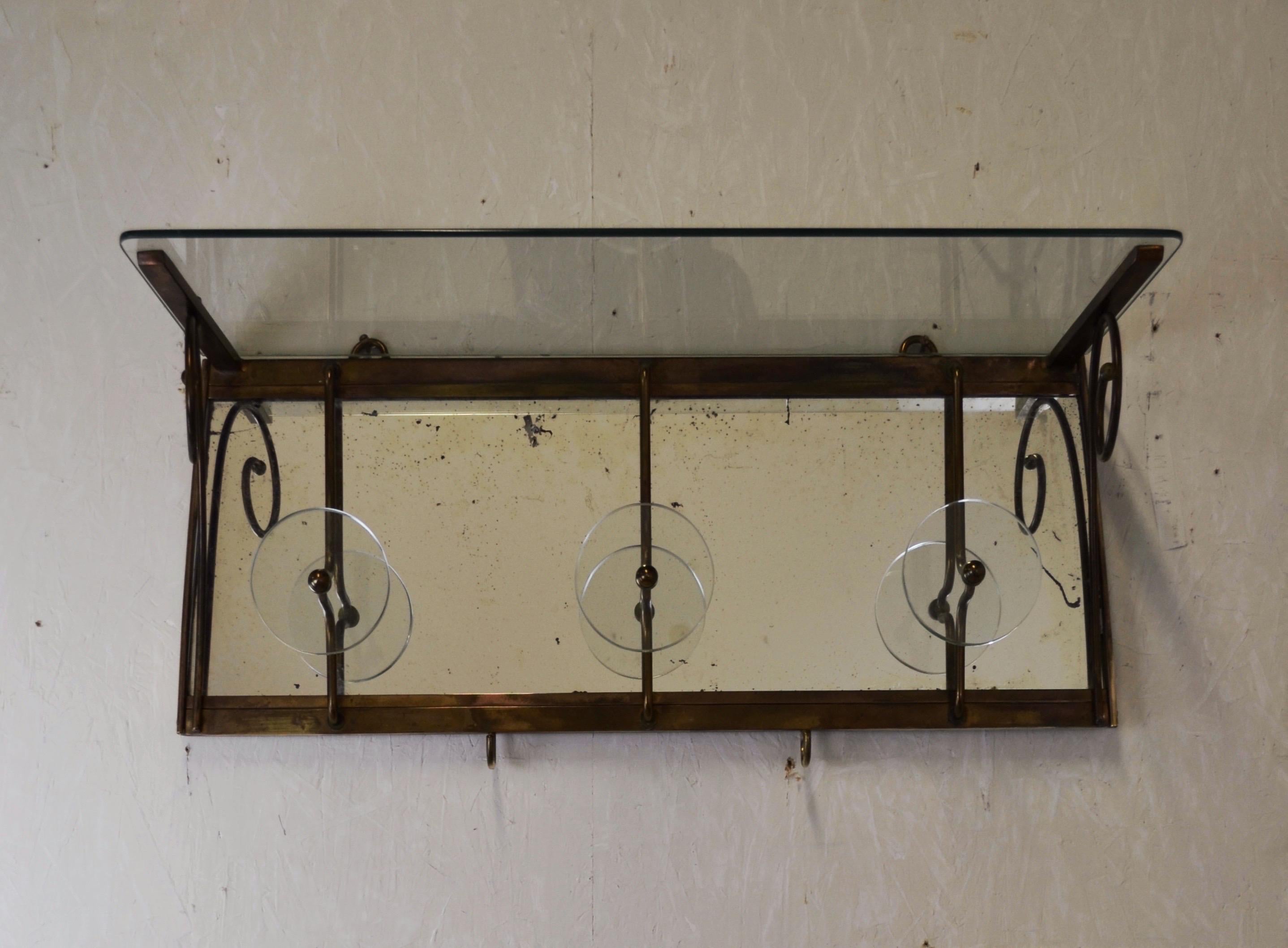 A 1950s Italian Wall-Mounted Coat Rack with Cut Glass Shelf For Sale 1