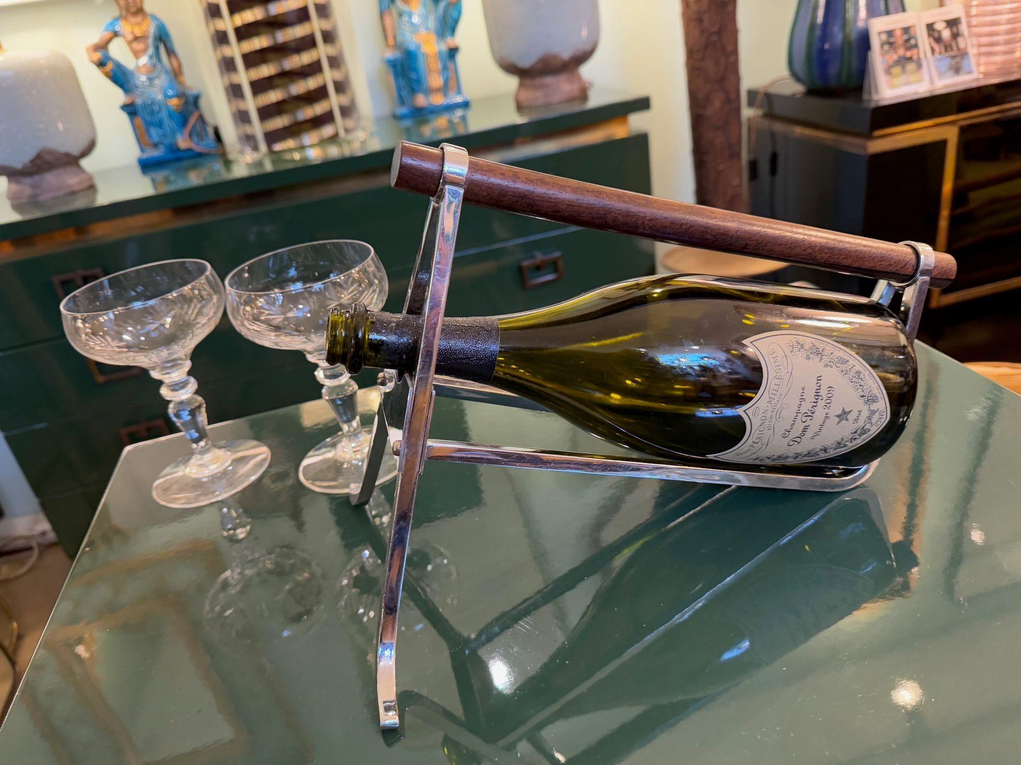 A 1950s Jaques Adnet chrome and walnut bottle holder for Christolfe For Sale 6