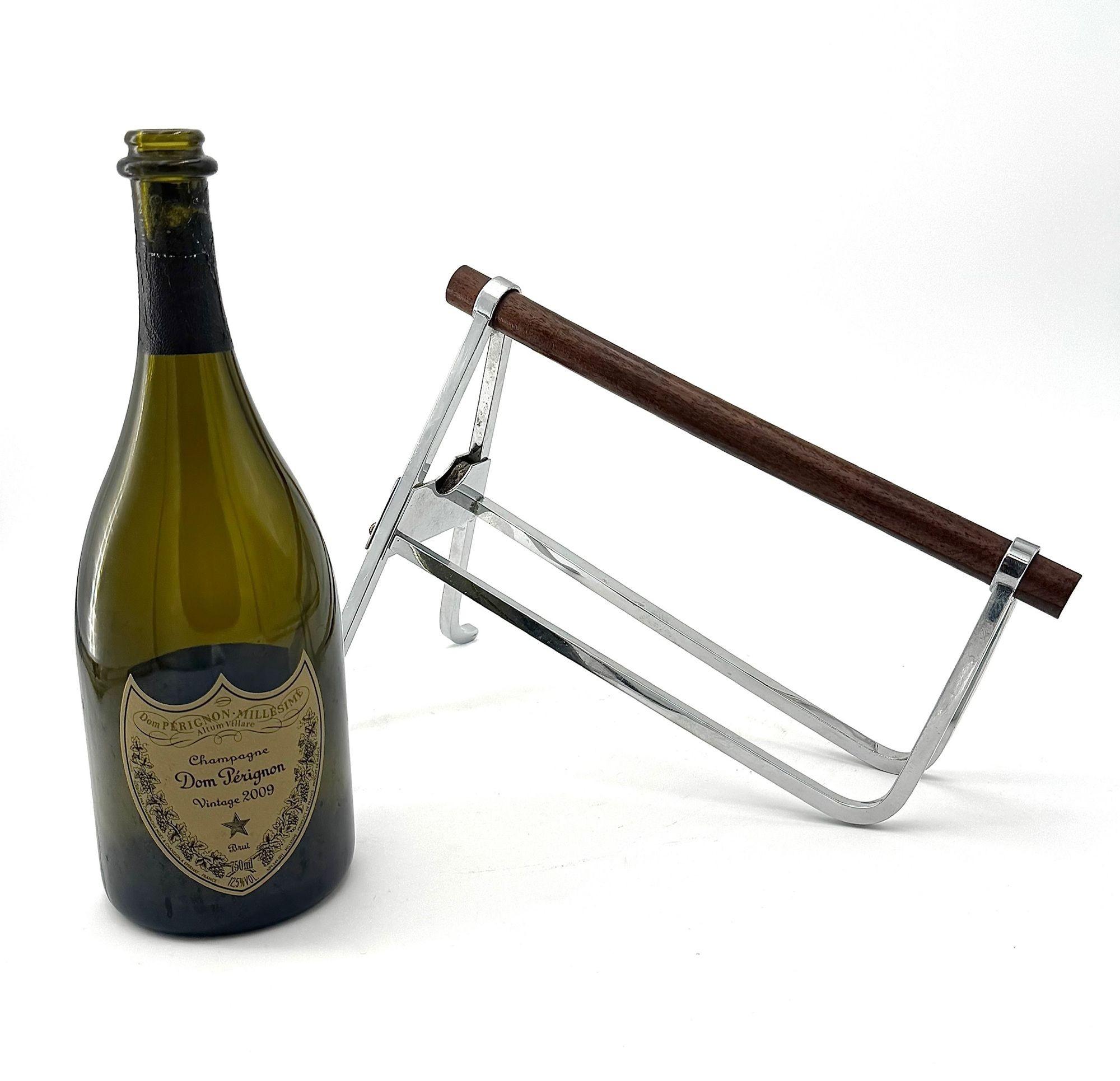 A 1950s Jaques Adnet chrome and walnut bottle holder for Christolfe For Sale 7