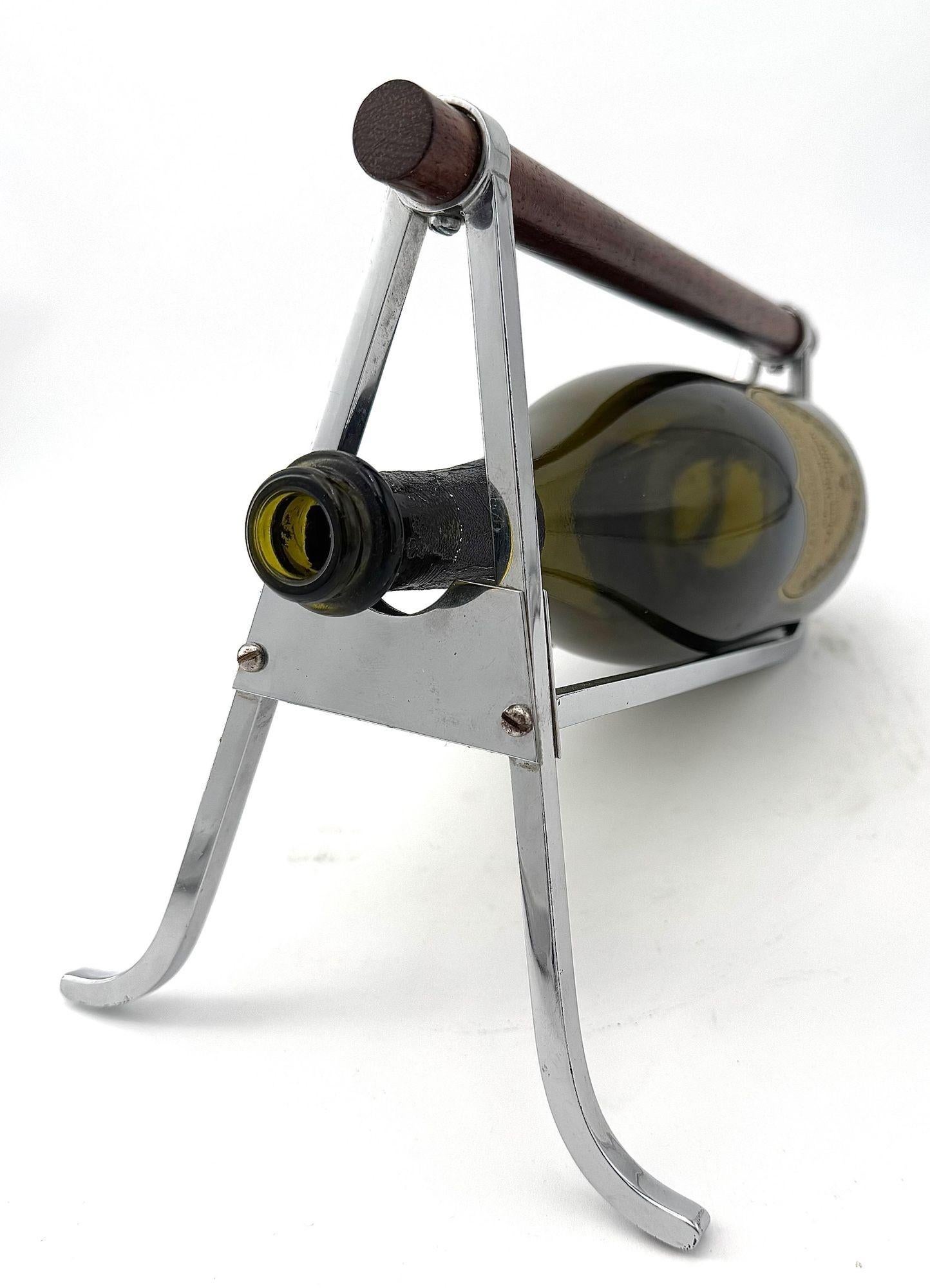 French A 1950s Jaques Adnet chrome and walnut bottle holder for Christolfe For Sale