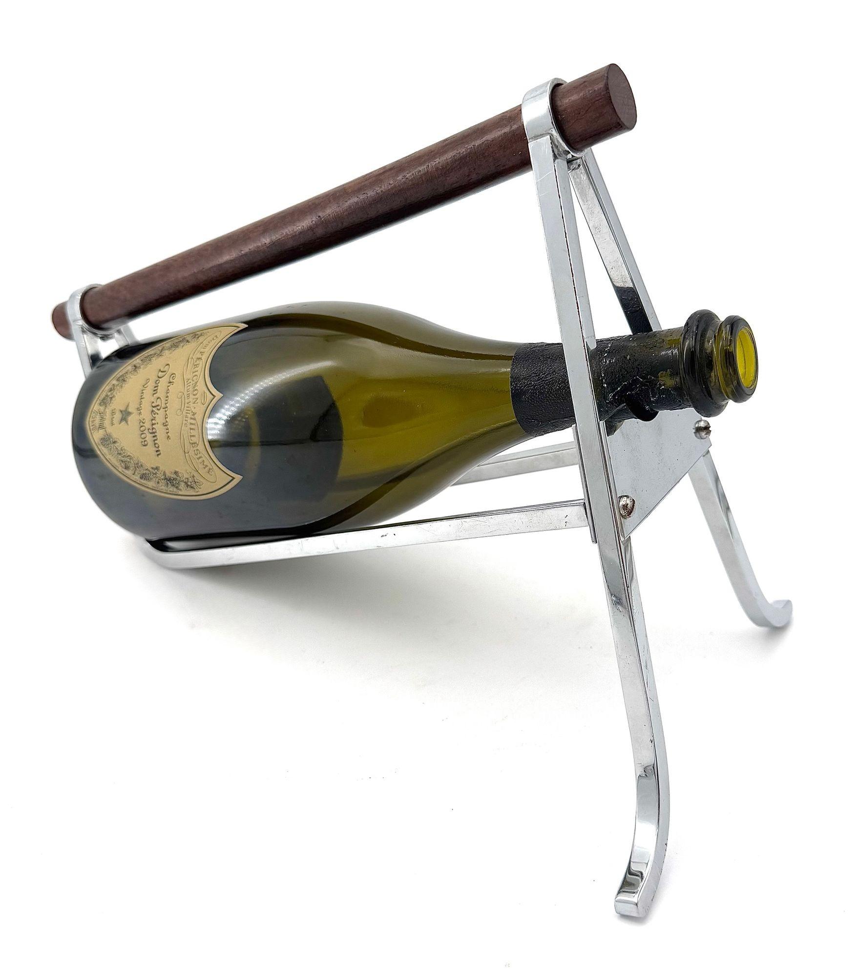 Mid-20th Century A 1950s Jaques Adnet chrome and walnut bottle holder for Christolfe For Sale