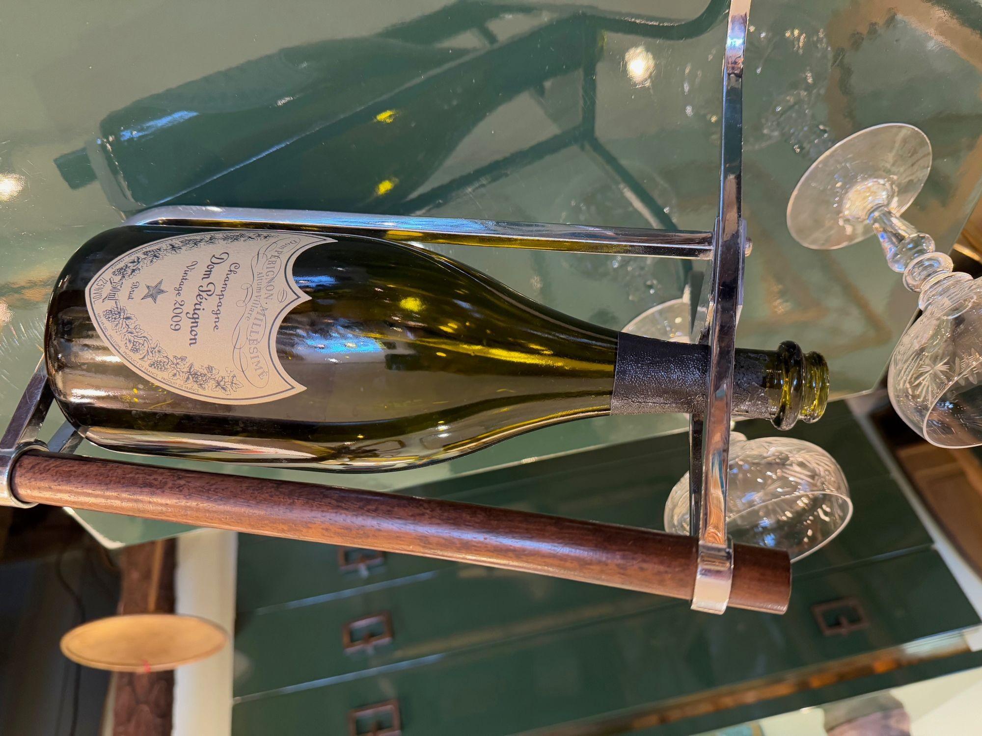 A 1950s Jaques Adnet chrome and walnut bottle holder for Christolfe For Sale 1