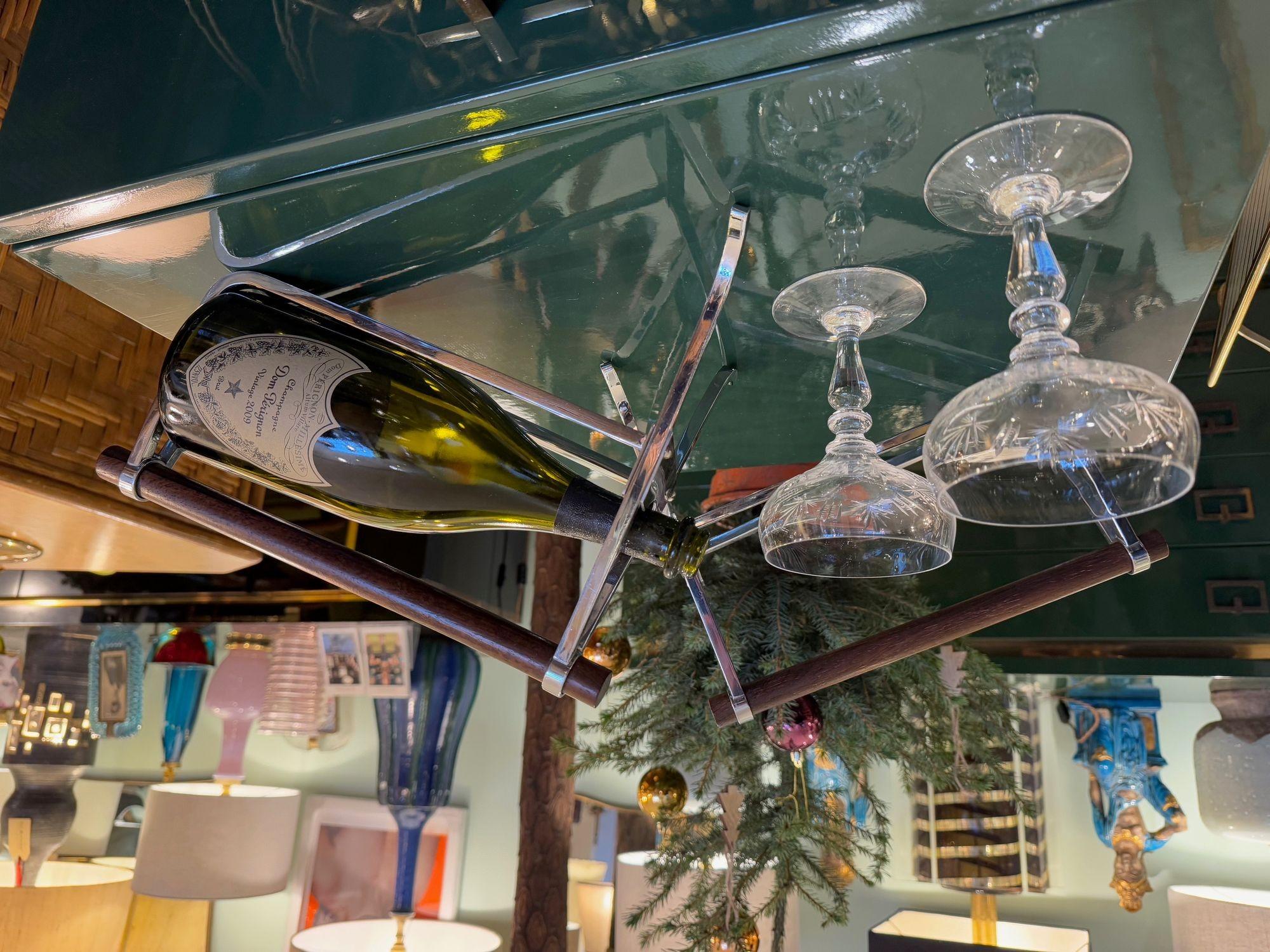 A 1950s Jaques Adnet chrome and walnut bottle holder for Christolfe For Sale 3