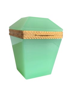 1950s Lime Green Murano Glass Hinged Box with Facetted Lid and Silvered Edging