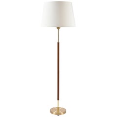 1950s Midcentury Brown Leather and Brass Floor Lamp