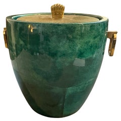 A 1950s Mid-Century Modern Green Goatskin and Brass Ice Bucket by Aldo Tura