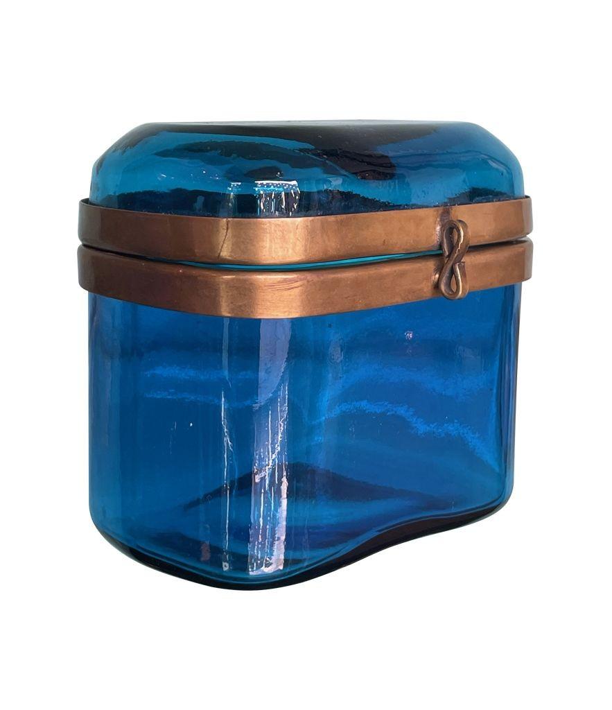 Italian A 1950s Murano blue glass Jewellery box with brass clasp