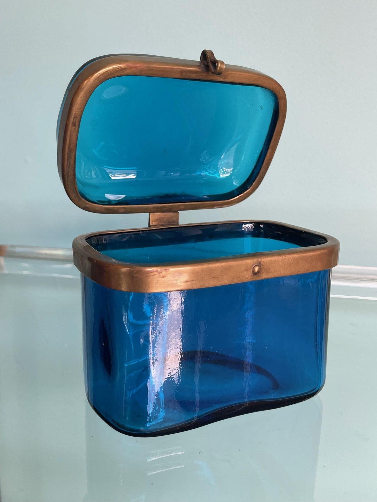 Brass A 1950s Murano blue glass Jewellery box with brass clasp For Sale