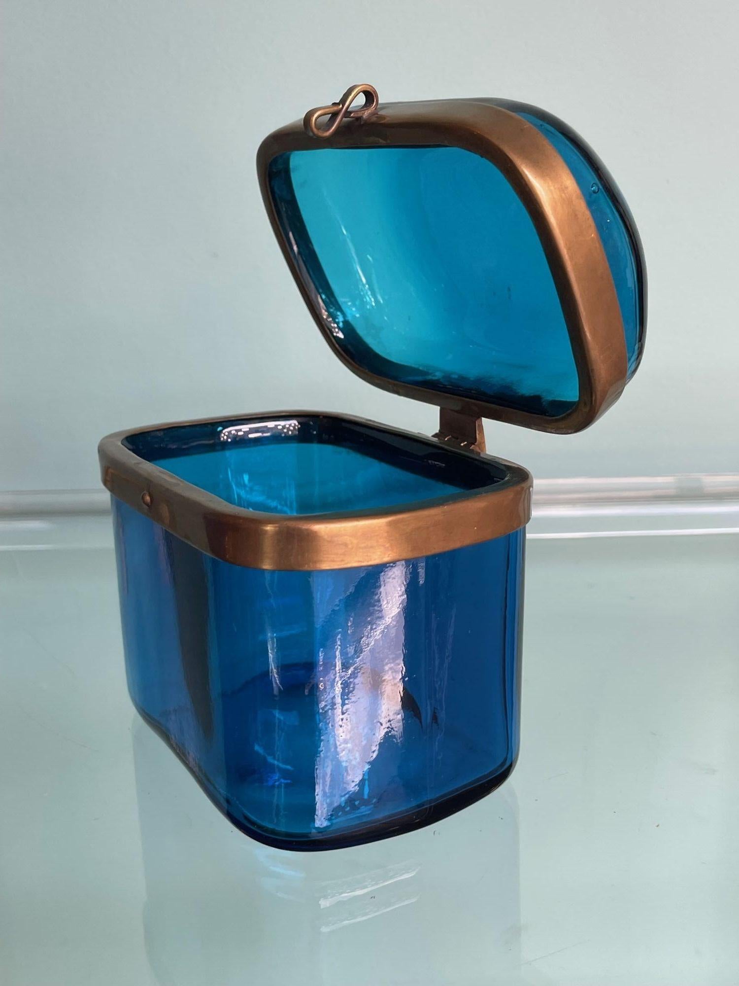 A 1950s Murano blue glass Jewellery box with brass clasp For Sale 1