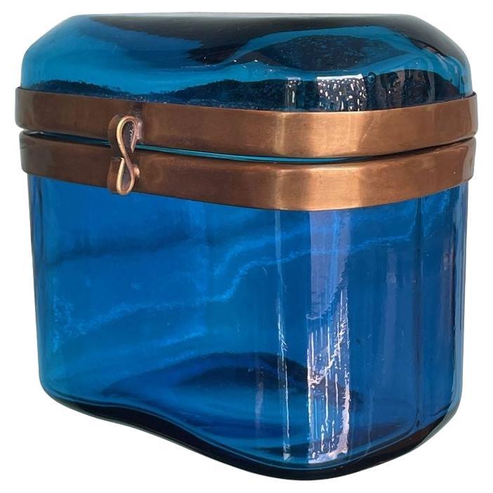 A 1950s Murano blue glass Jewellery box with brass clasp For Sale
