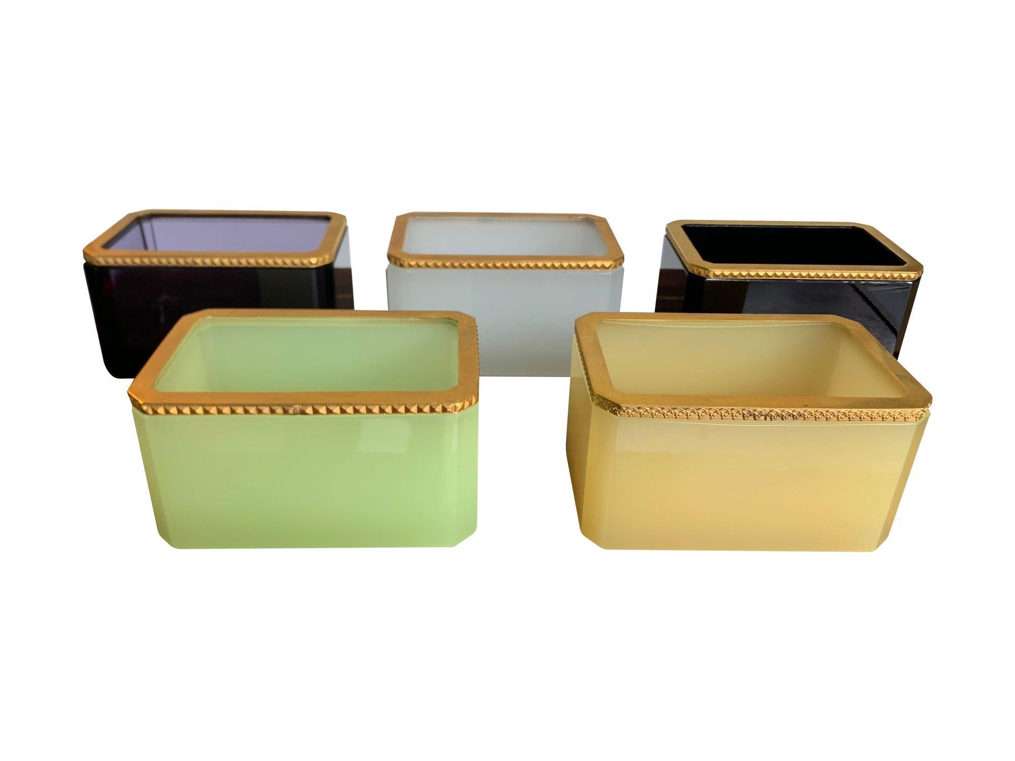 Modern 1950s Murano Green Opaline Jewellery Box with Gilt Metal Edging For Sale