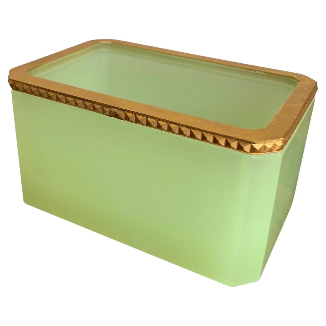 1950s Murano Green Opaline Jewellery Box with Gilt Metal Edging For Sale