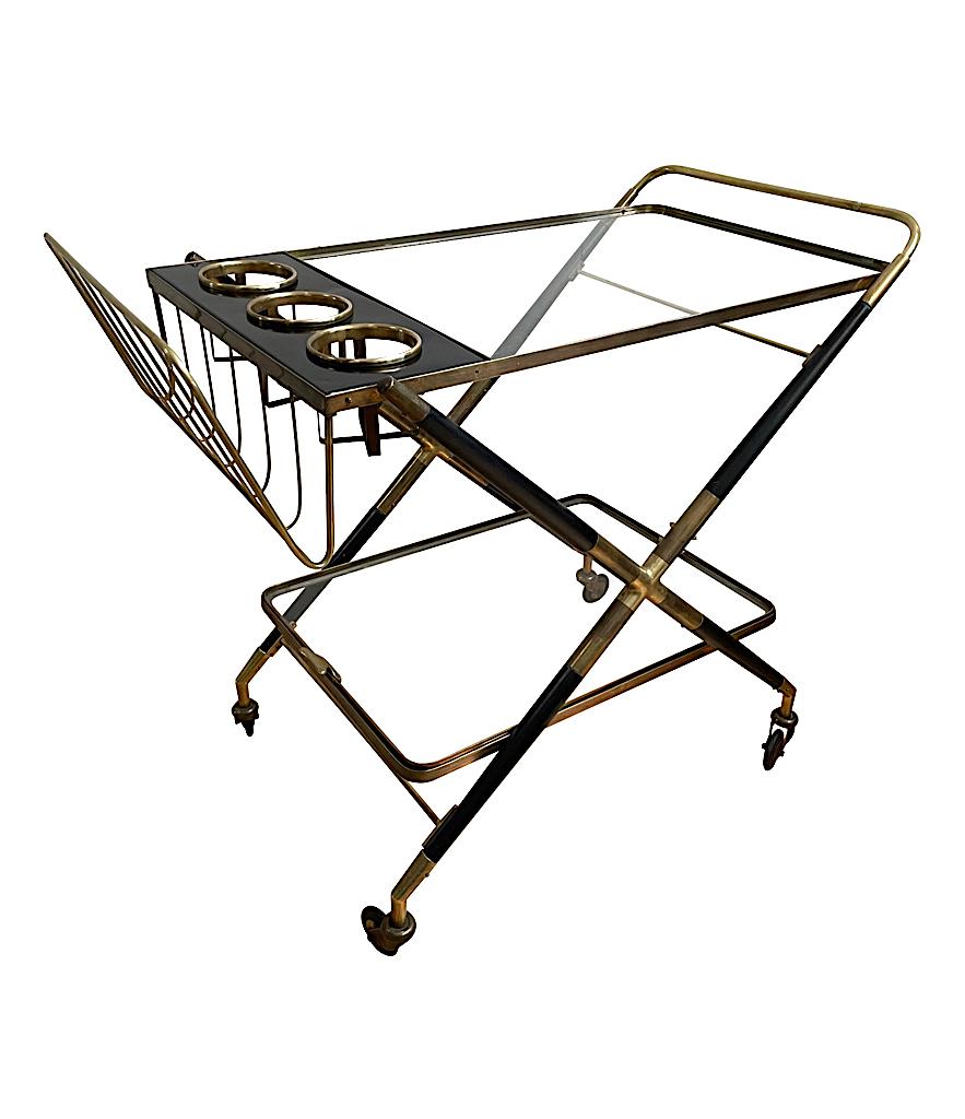1950s Rare Bar Trolley of Black Lacquered Wood and Brass by Cesare Lacca In Good Condition In London, GB