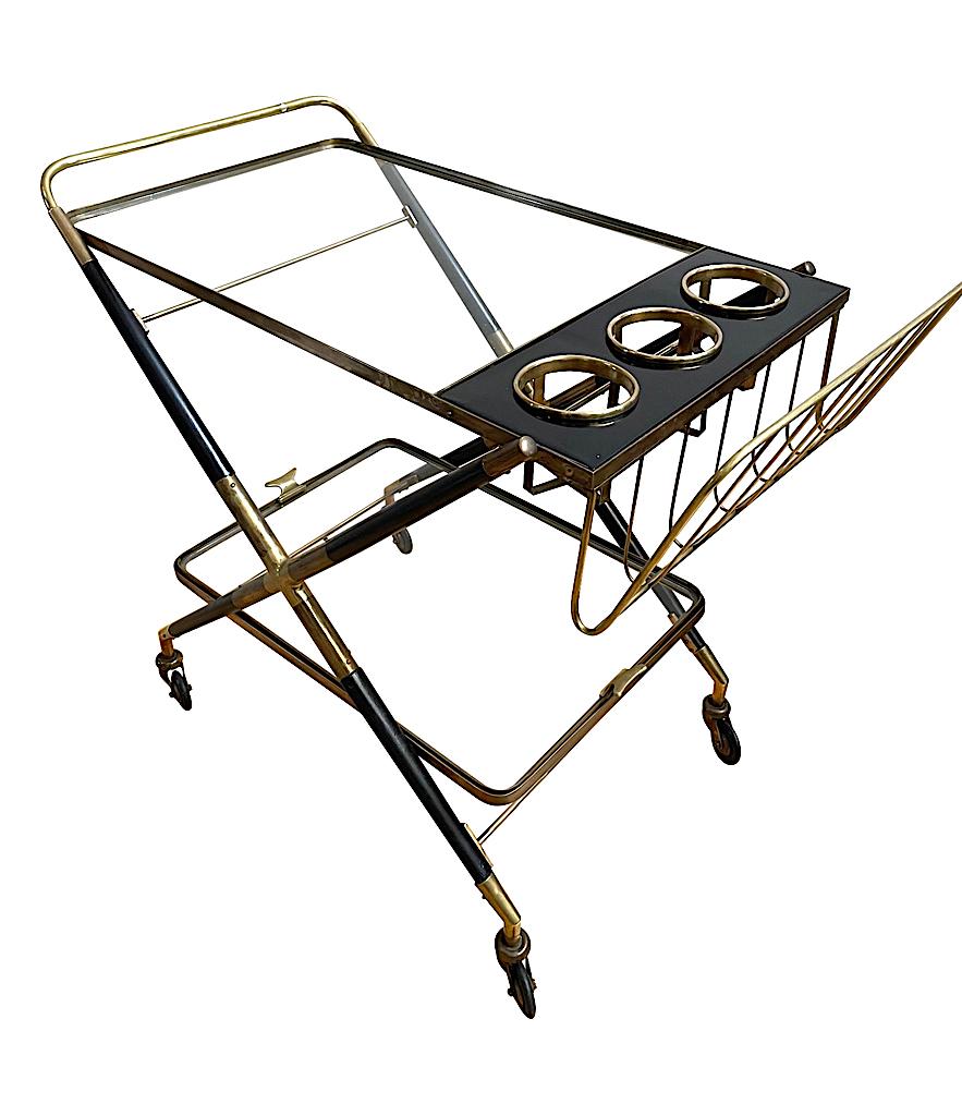 Mid-20th Century 1950s Rare Bar Trolley of Black Lacquered Wood and Brass by Cesare Lacca