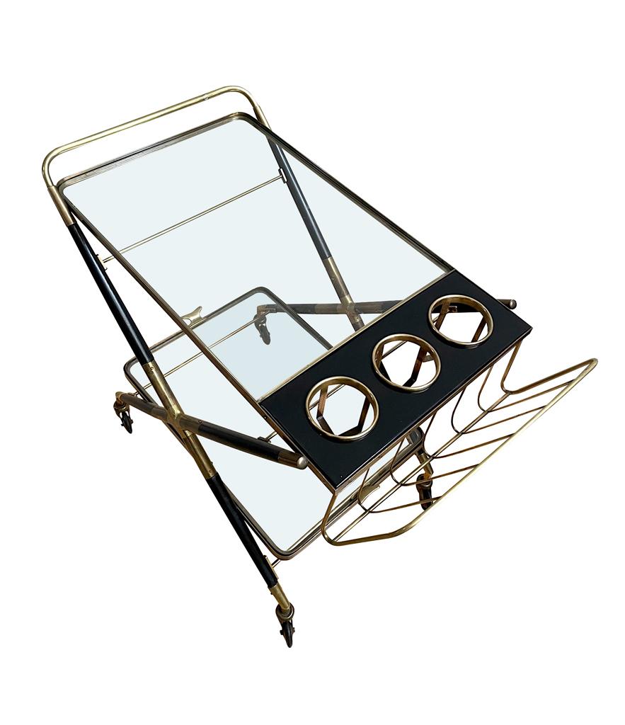 1950s Rare Bar Trolley of Black Lacquered Wood and Brass by Cesare Lacca 1