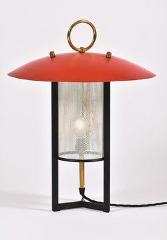 1950s Red and Brass Lantern Table Lamp