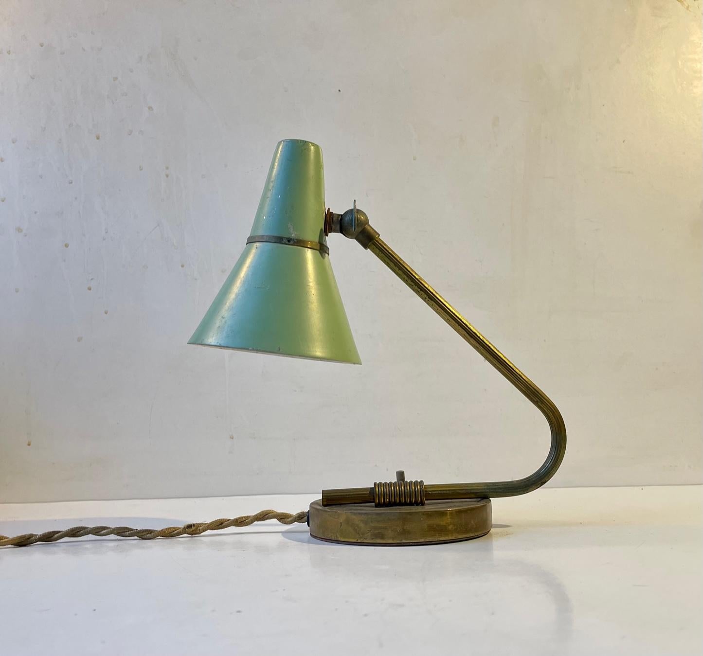 Mid-Century Modern 1950s Scandinavian Pastel Green Wall Lamp in Brass & Aluminium