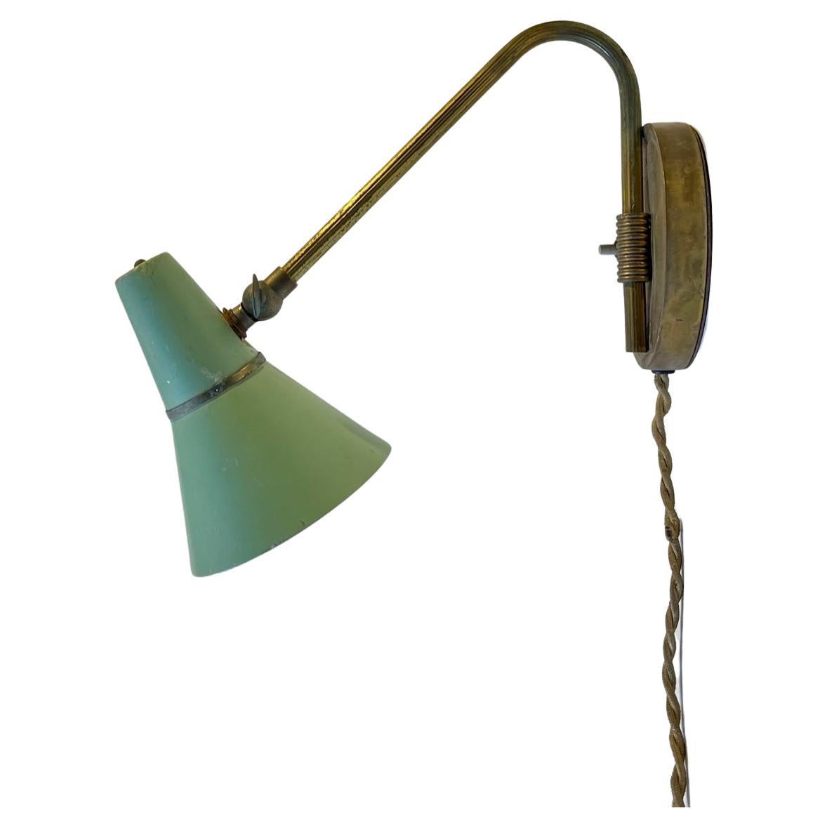 1950s Scandinavian Pastel Green Wall Lamp in Brass & Aluminium