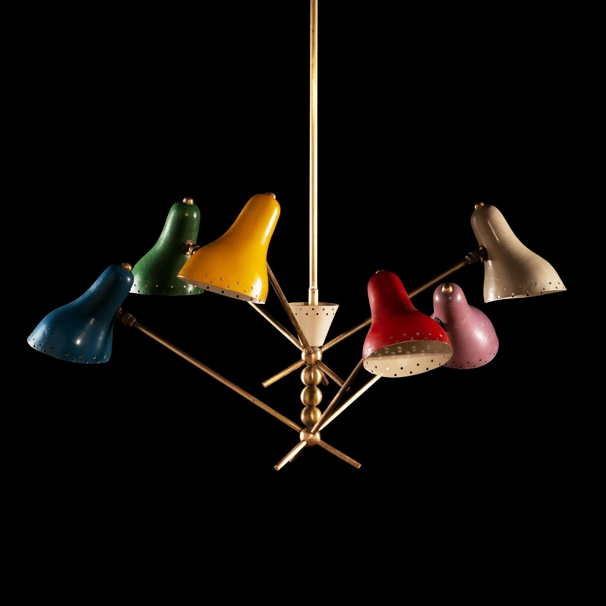 An unusual six arm brass and polychrome hanging light after Angelo Lelli for Arredoluce, each arm with a different colored adjustable metal shade, the central brass stem with fluted ceiling rose to the top, and spherical TOTEM design to the