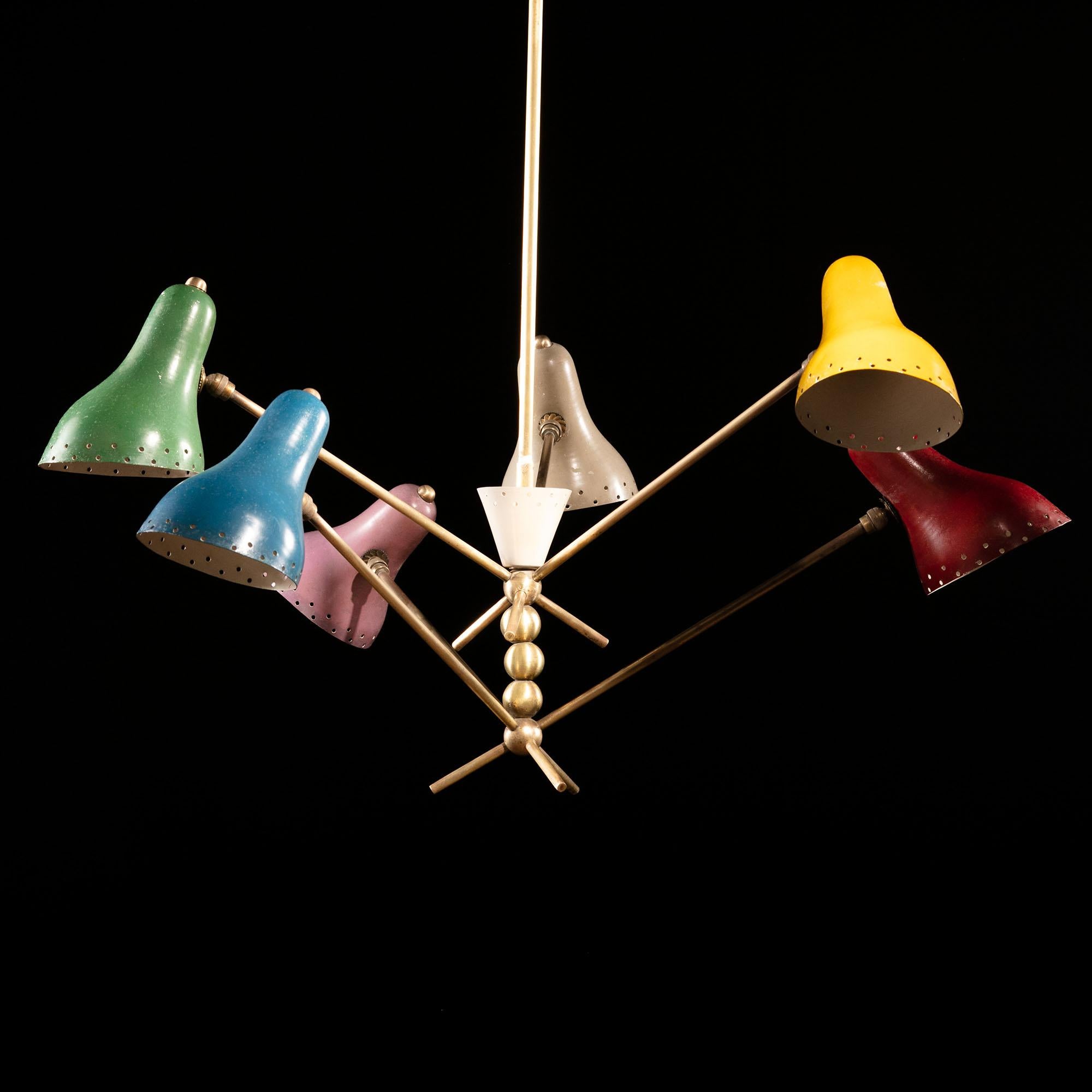 1950s Six-Arm Chandelier after Angelo Lelli for Arredoluce in Brass In Good Condition In London, GB