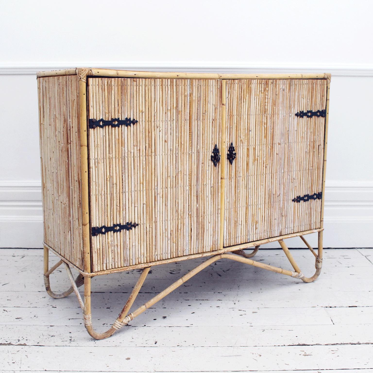 Mid-Century Modern 1950s Small Rattan Sideboard Cabinet in the French Riviera Style For Sale