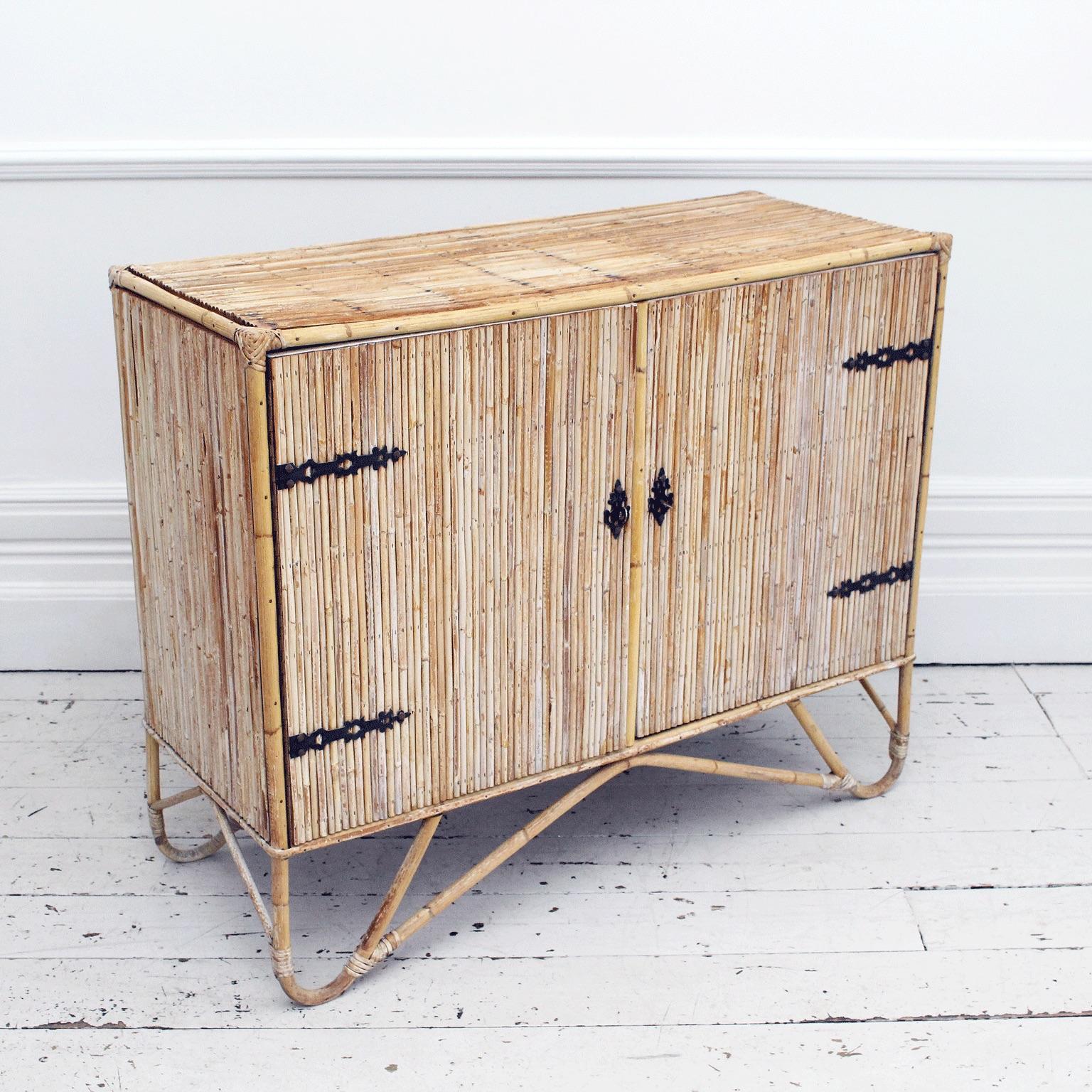 1950s Small Rattan Sideboard Cabinet in the French Riviera Style In Good Condition For Sale In Kent, GB