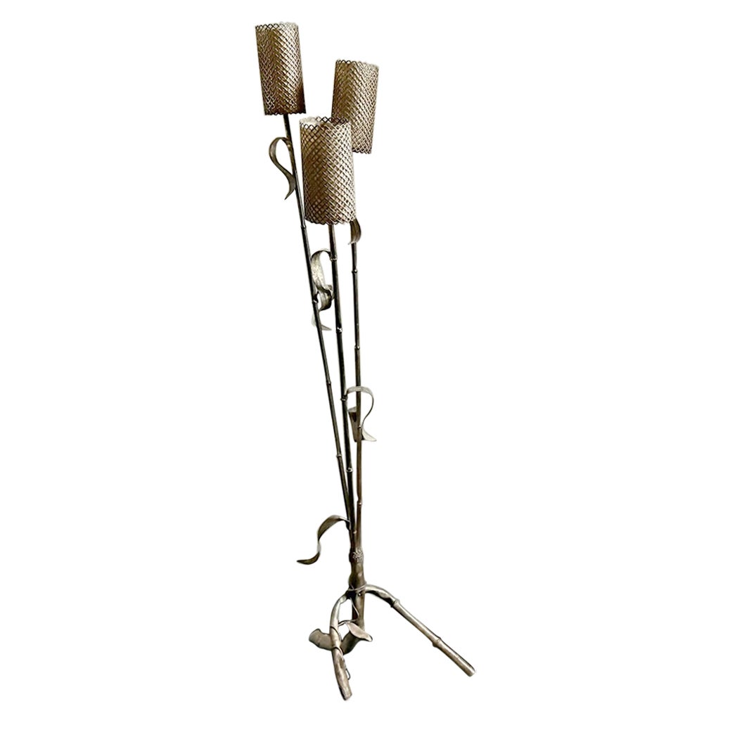A 1950's Spanish Faux Bamboo Three Stem Gilt Metal Floor Light For Sale