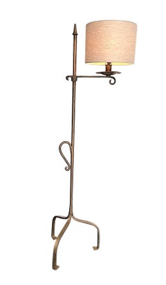1950s Spanish Gilt Wrought Iron Adjustable Floor Lamp with Linen Shade