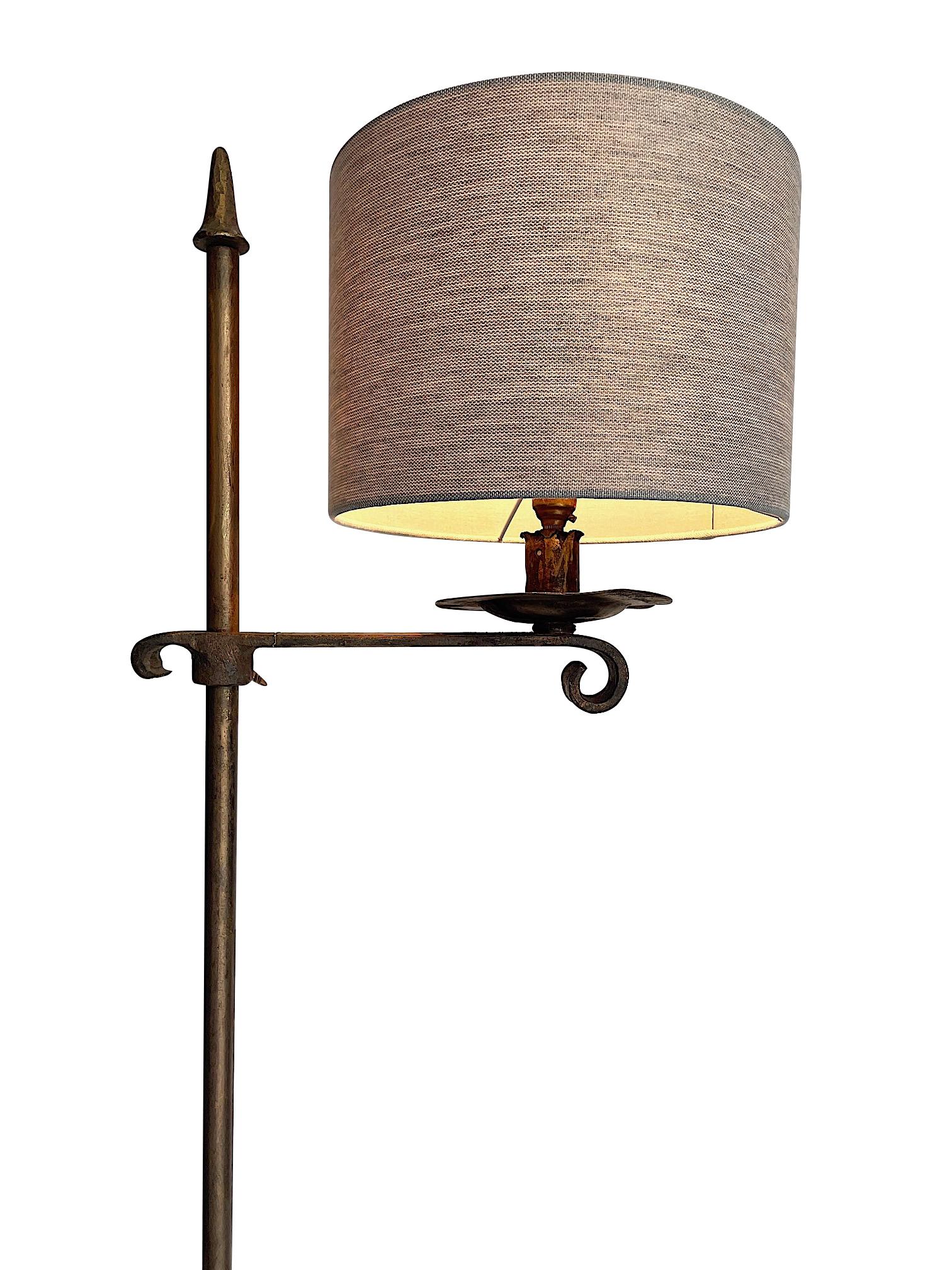 Mid-Century Modern 1950s Spanish Gilt Wrought Iron Adjustable Floor Lamp with Linen Shade  For Sale