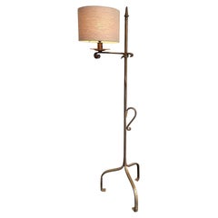 1950s Spanish Gilt Wrought Iron Adjustable Floor Lamp with Linen Shade 