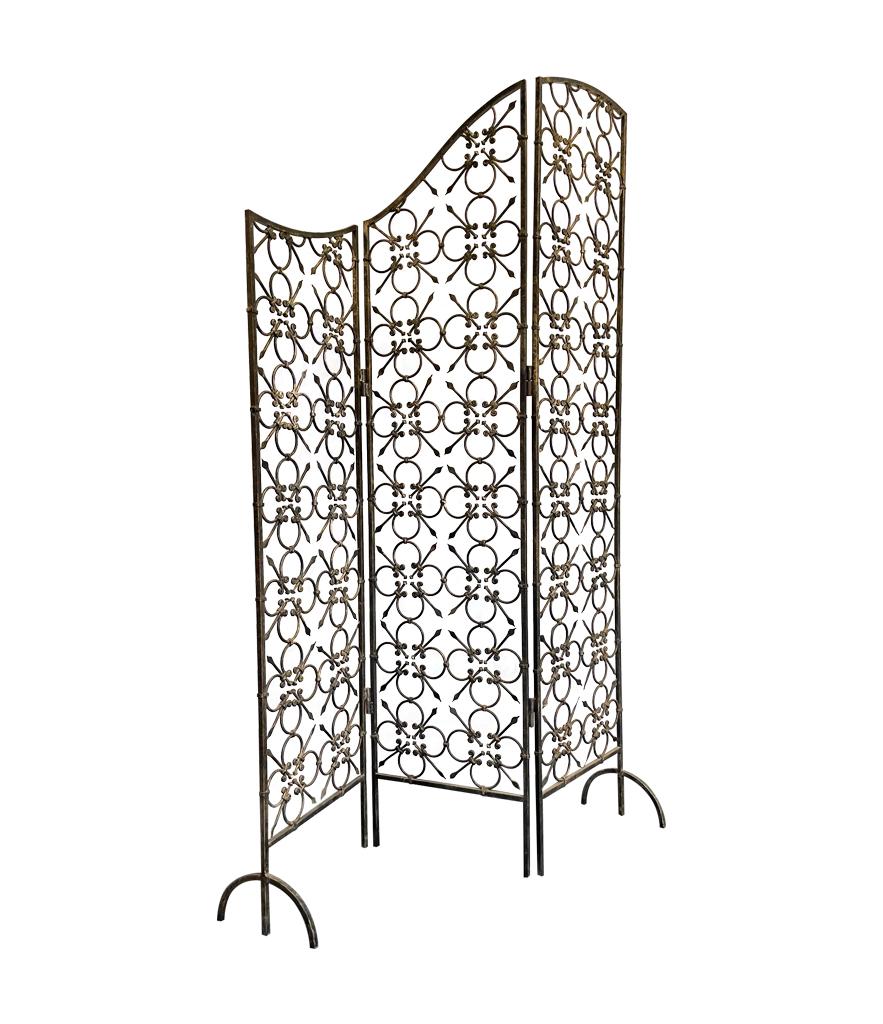 Gilt 1950s Spanish Wrought Iron Three Panel Screen with Sloping Curved Top